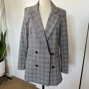 Rachel Zoe Gray Checkered Double-Breasted Blazer Size M